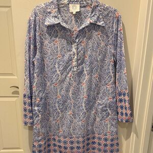 Pomegranate Blue and White Patterned Midi Dress - Coverup with pockets size M